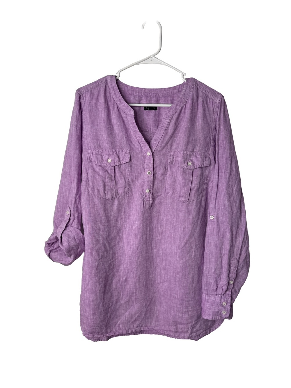 TALBOTS Women’s Purple Linen Coastal V Neck Adjustable Sleeve Tunic Shirt Sz L